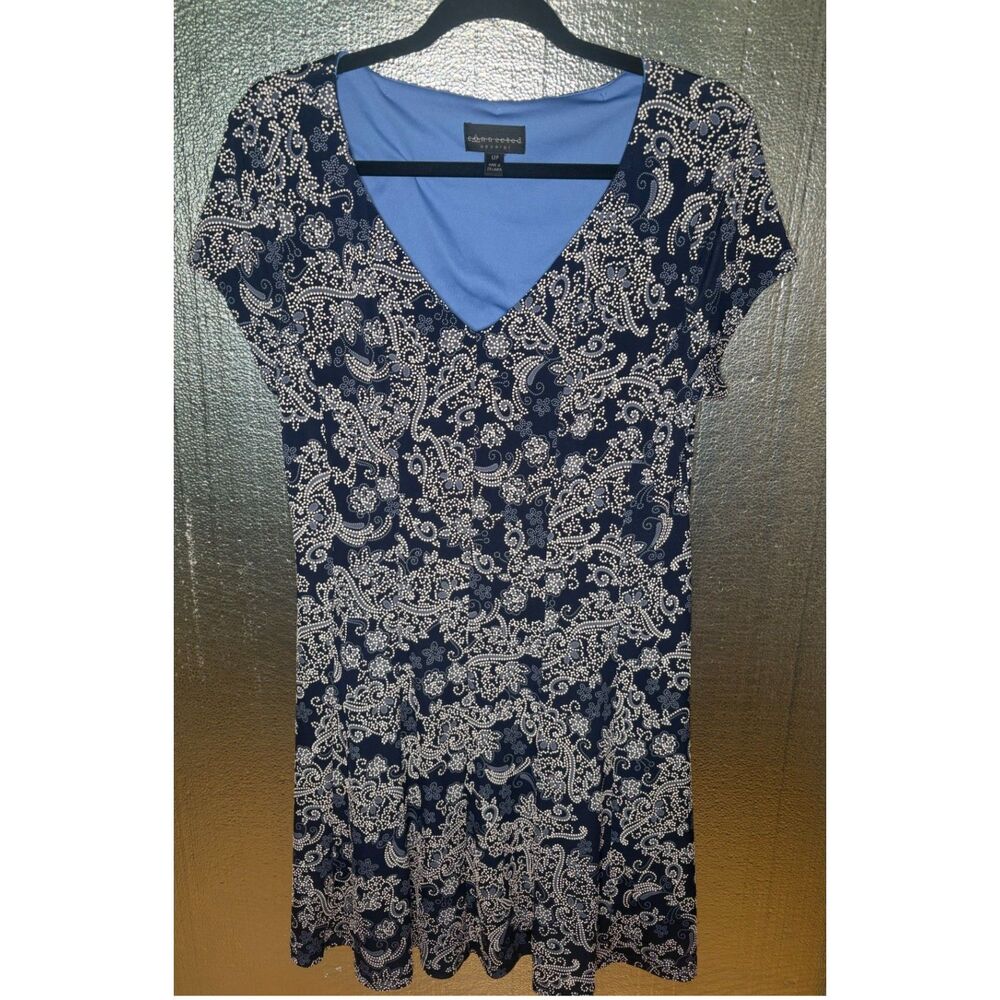 Connected Apparel Navy Paisley Fit Flare Dress V Neck Short Sleeve Womens 12P